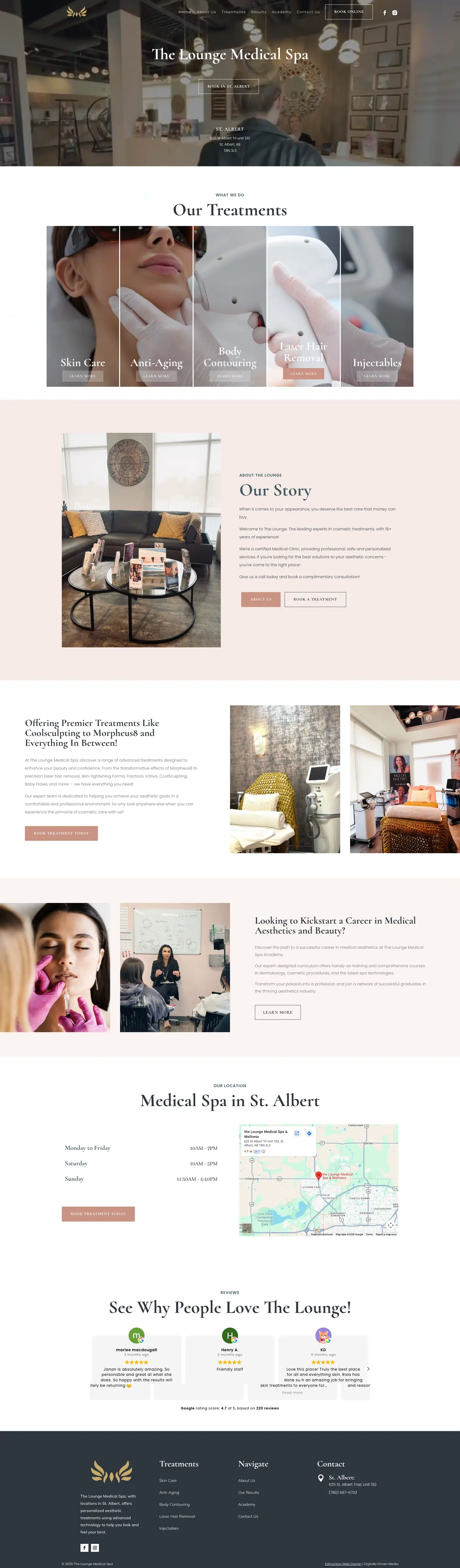 The Lounge Medical Spa website, full page