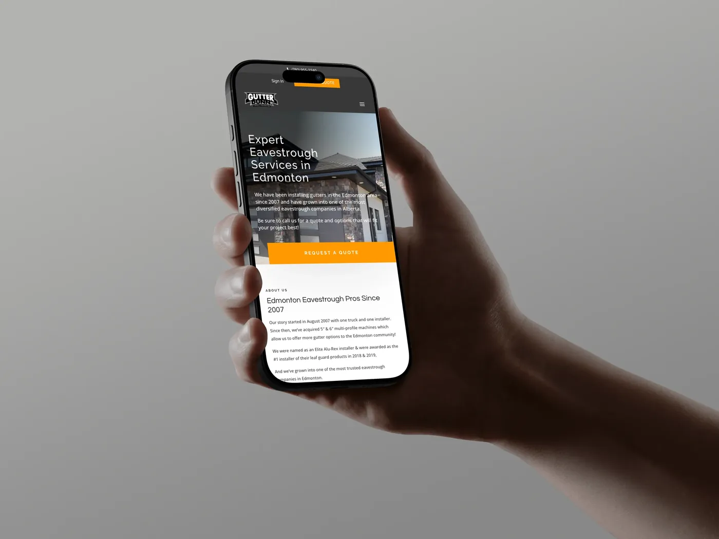 Gutter Dunn Eavestroughing website on a phone