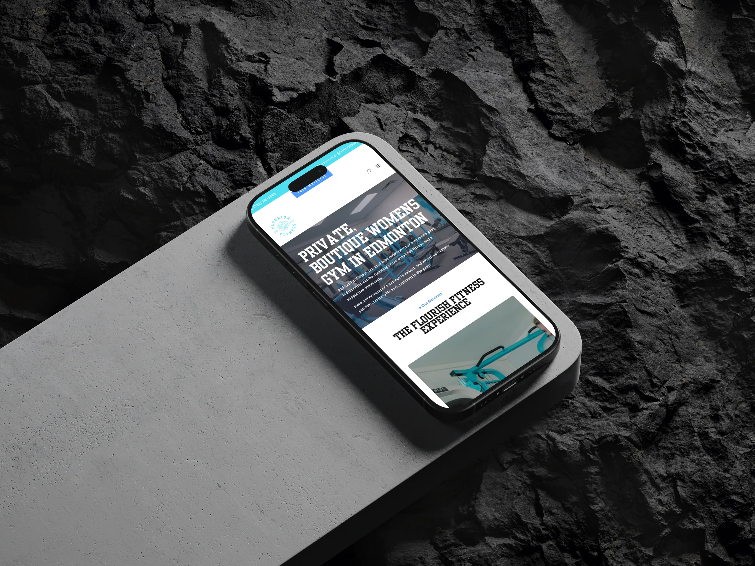 Flourish Fitness website on a phone